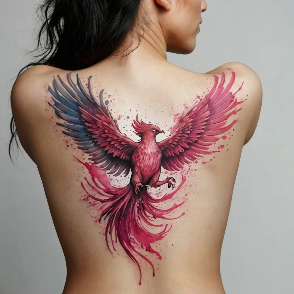 Colorful phoenix tattoo on back, with pink and purple wings spread wide in watercolor style, symbolizing rebirth and strength.