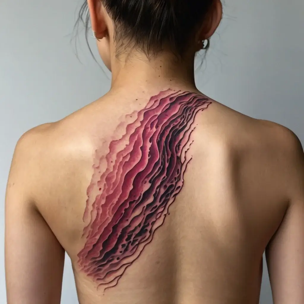 Abstract tattoo resembling a red and black 3D wave on the back, with layered, wavy lines creating depth and texture.