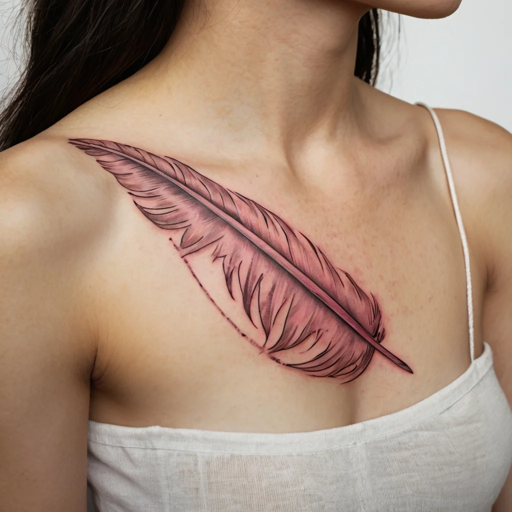 A detailed feather tattoo on the chest, featuring soft shading and intricate lines, symbolizing freedom and grace.