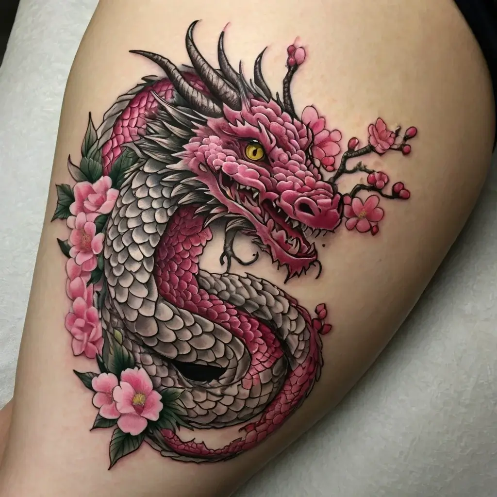 Colorful dragon tattoo entwined with cherry blossoms, featuring intricate scales and vibrant pink hues on the leg.