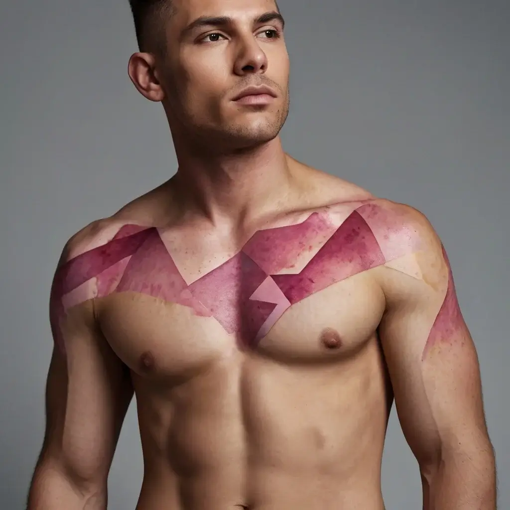 Abstract geometric tattoo with pink and purple overlapping shapes across chest and shoulders, creating a bold modern look.