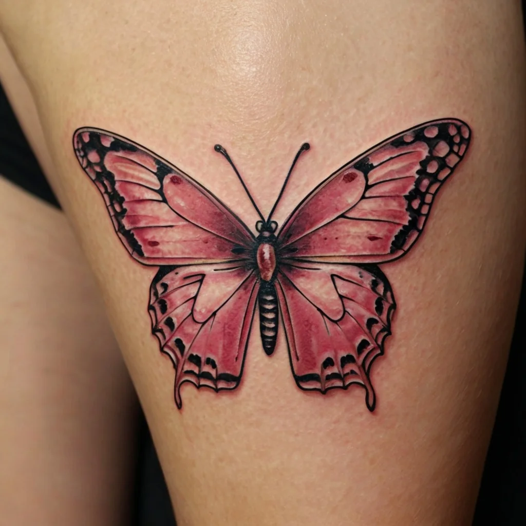 Tattoo of a pink butterfly with detailed black outlines and delicate shading on wings, symbolizing transformation.