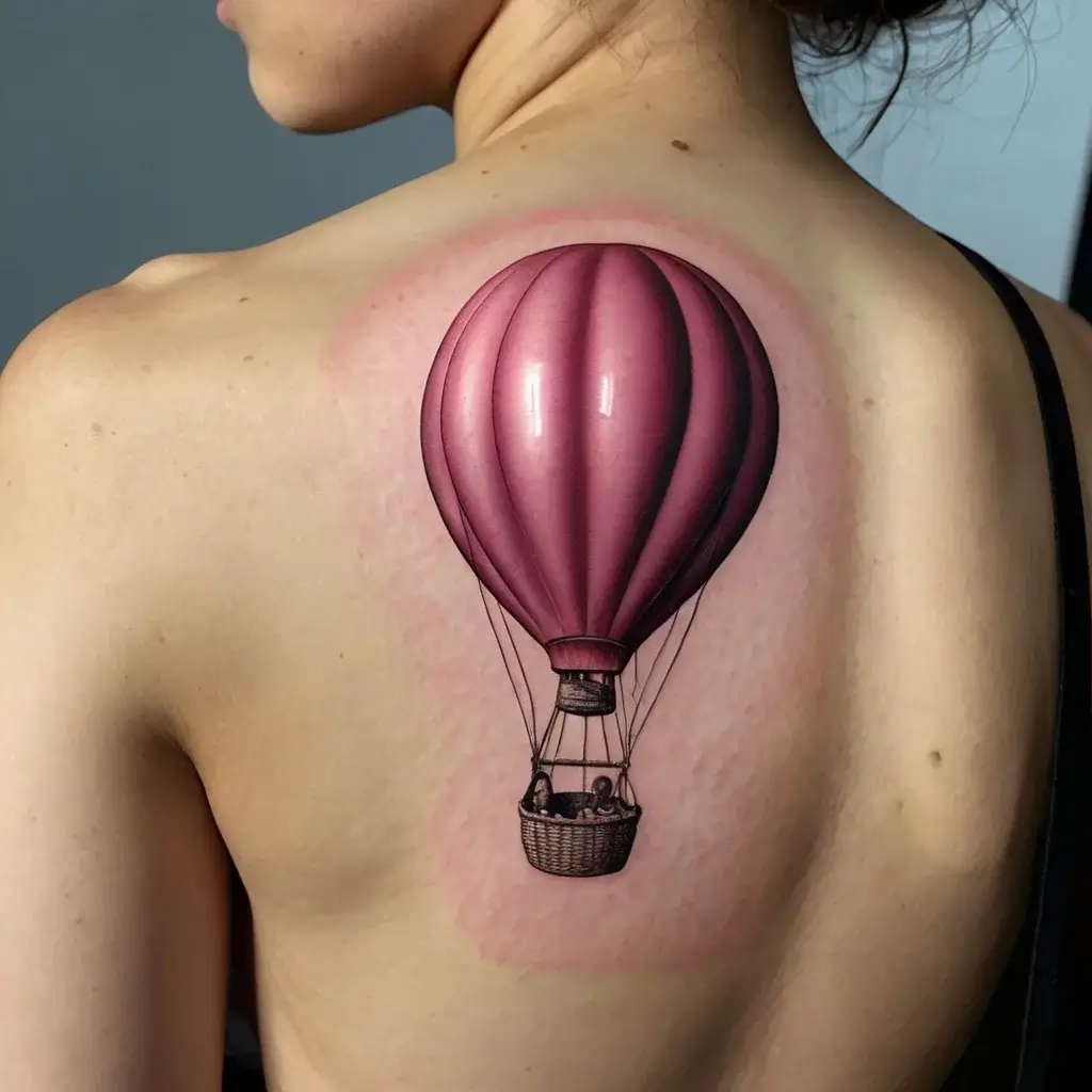 Realistic pink hot air balloon tattoo on back, showing basket detail and shading, symbolizing adventure and freedom.