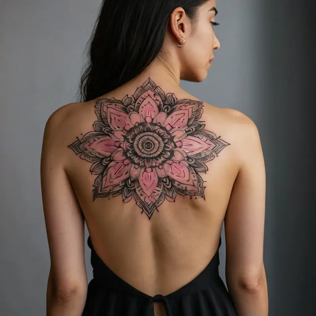 Intricate mandala tattoo on the back, featuring pink and black petals radiating from a central geometric design.