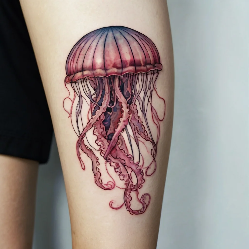 Tattoo of a pink and purple jellyfish with detailed tentacles and a dome-like top on the thigh.