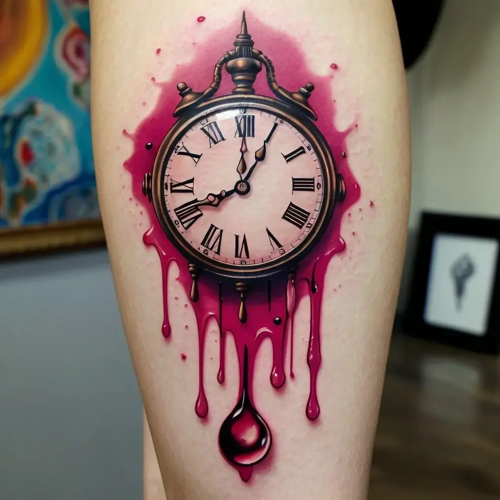 Antique clock tattoo with Roman numerals, set in ornate frame, melting into vibrant pink drips.