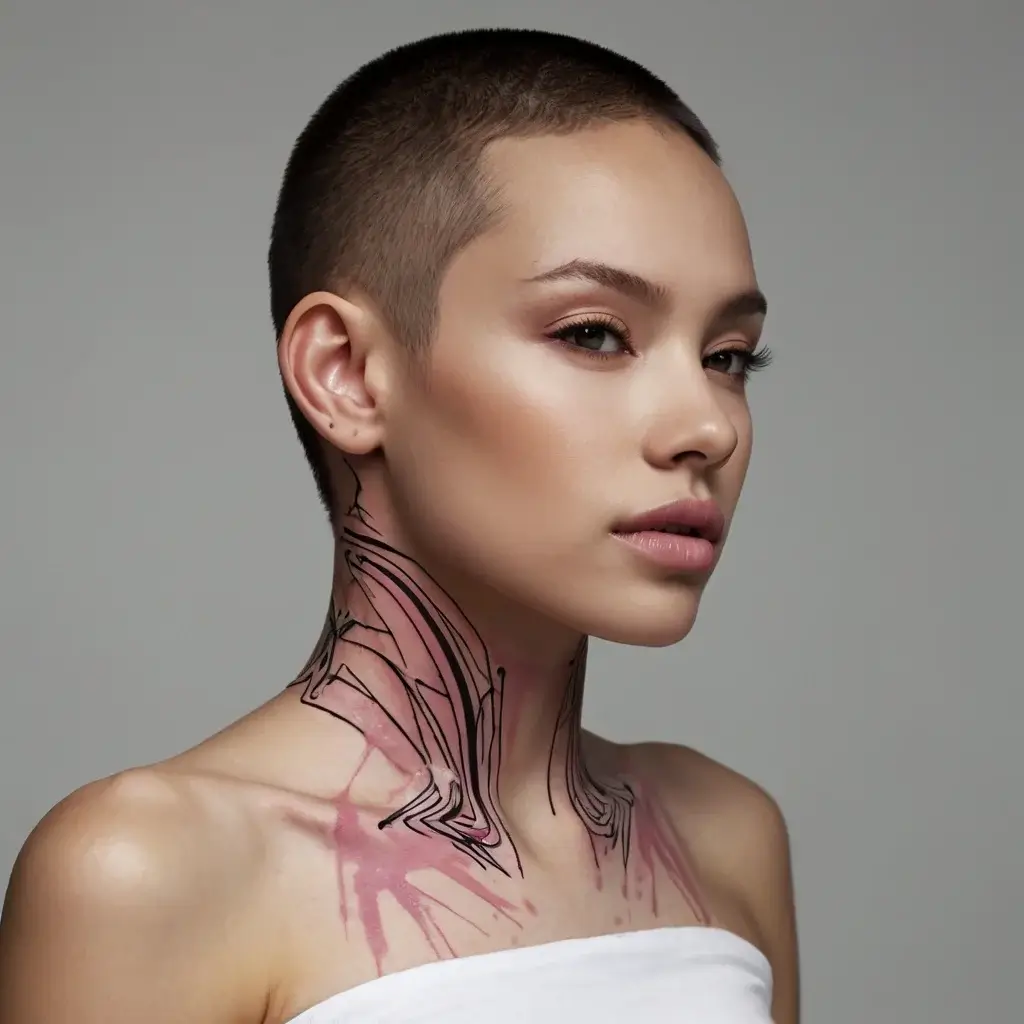 Minimalistic black and pink abstract linework tattoo on the neck and shoulder, blending geometric and organic forms.