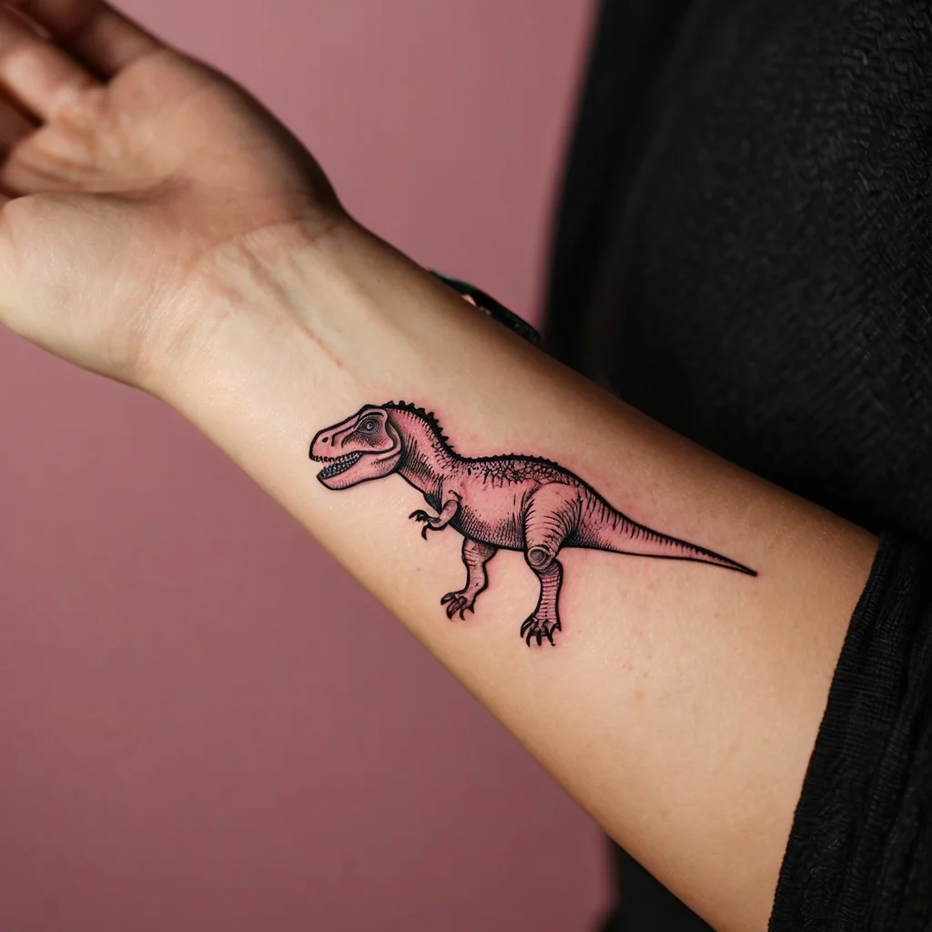 A detailed T-Rex tattoo on the forearm, featuring intricate shading and a touch of pink for a dynamic, bold look.