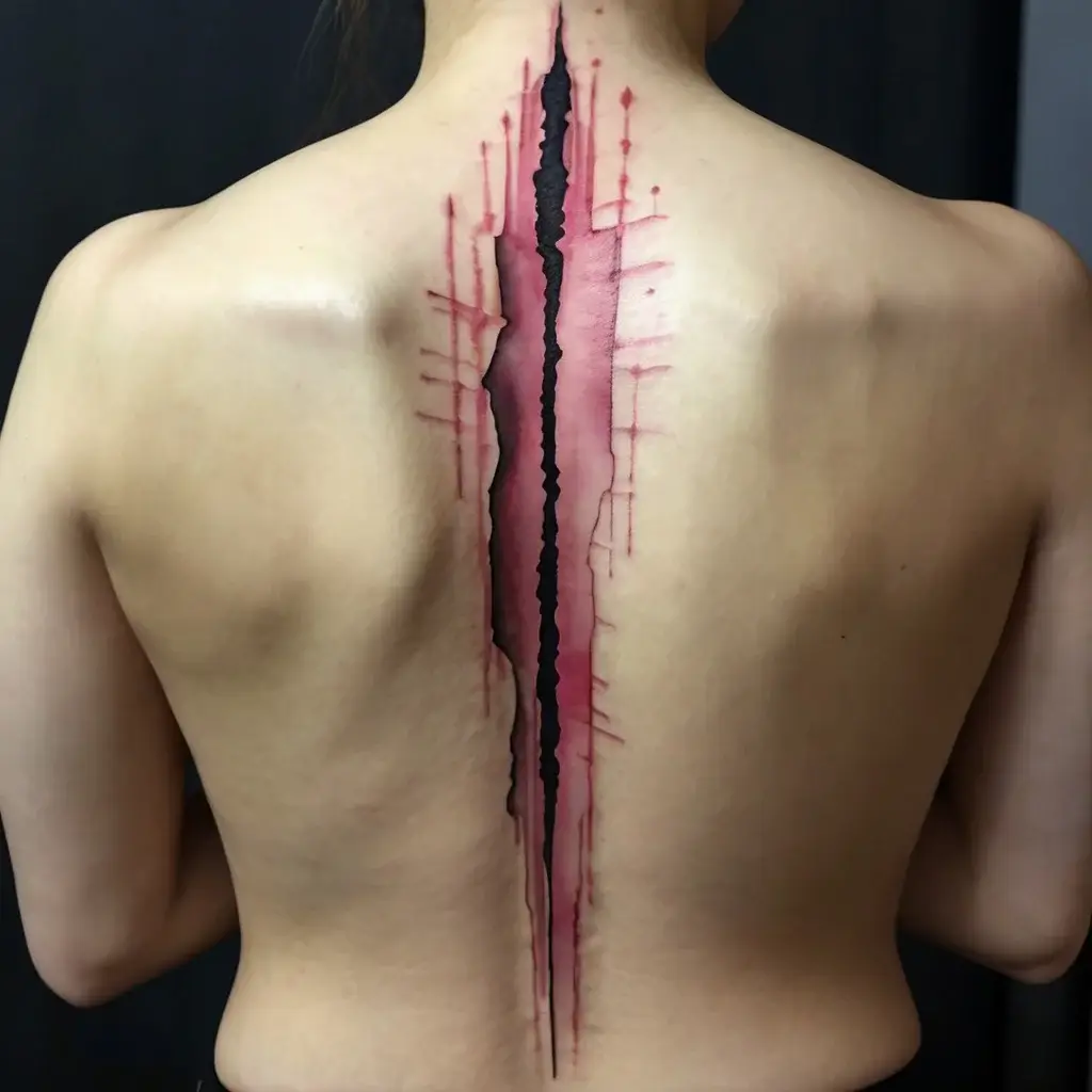 Surreal spine design tattoo with a 3D effect, mimicking a torn skin illusion, in red and black shades.