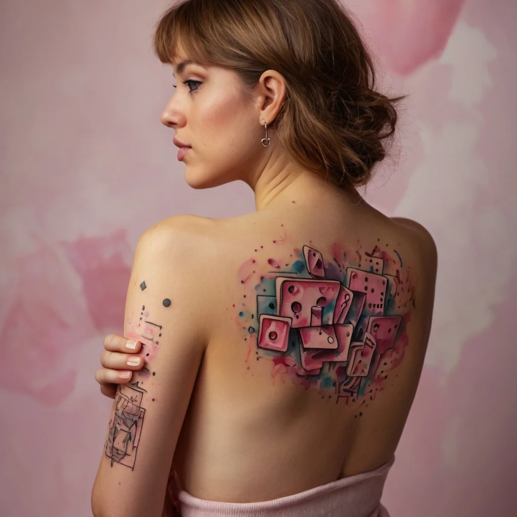 Abstract watercolor tattoo with geometric shapes and pink hues. Dice motif accents blend with blue splashes on shoulder.