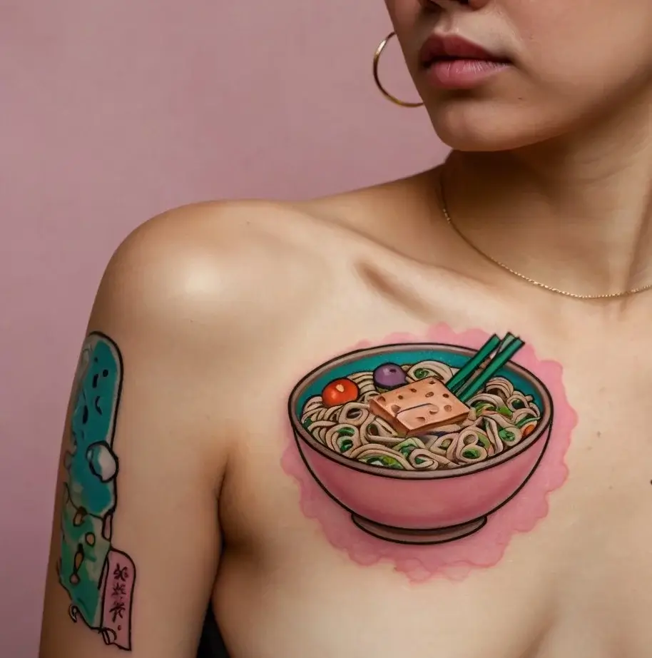 Colorful bowl of ramen tattoo on the chest features noodles, chopsticks, tofu, and vegetables in vibrant hues.