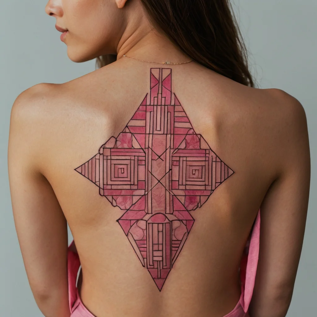 Intricate geometric tattoo with pink and black lines, featuring symmetric squares and linear patterns, covers the upper back.