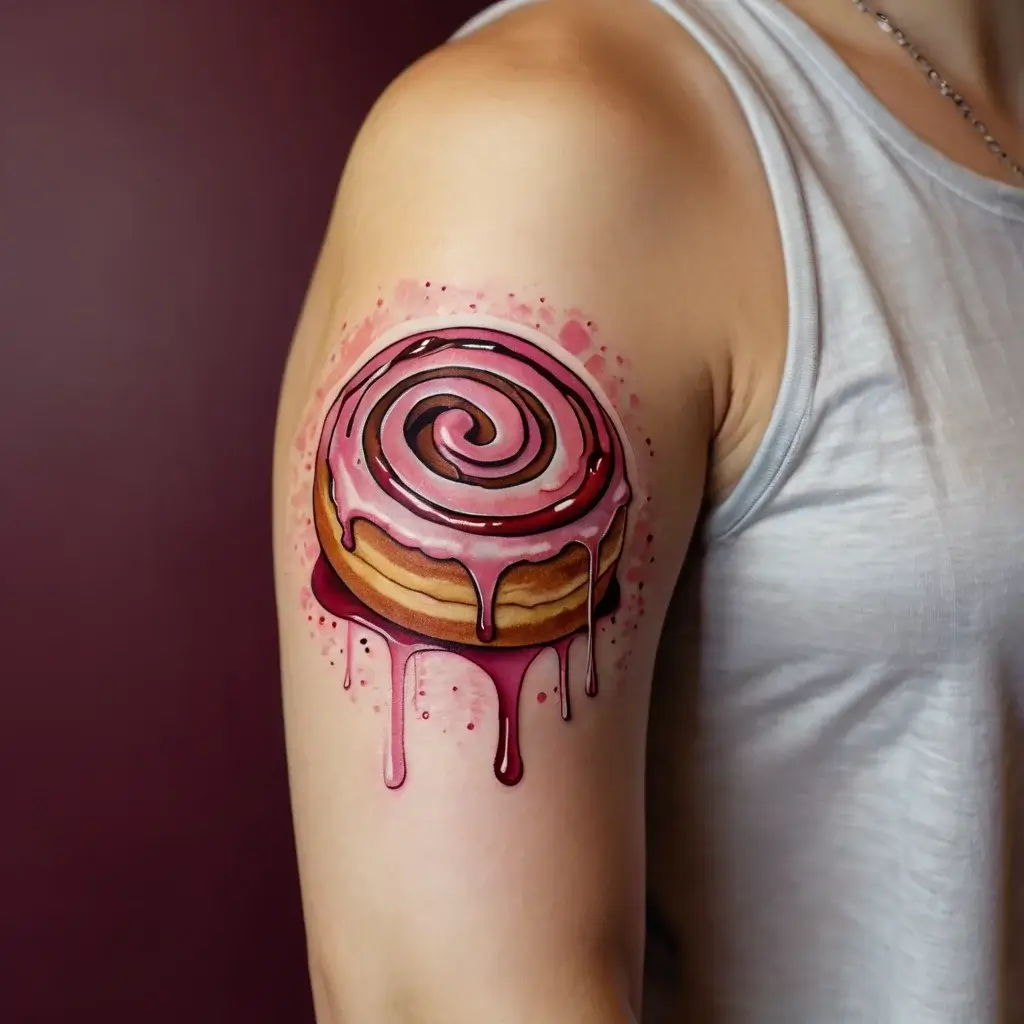 Tattoo of a realistic cinnamon roll on the upper arm, with pink icing dripping down, creating a 3D effect.