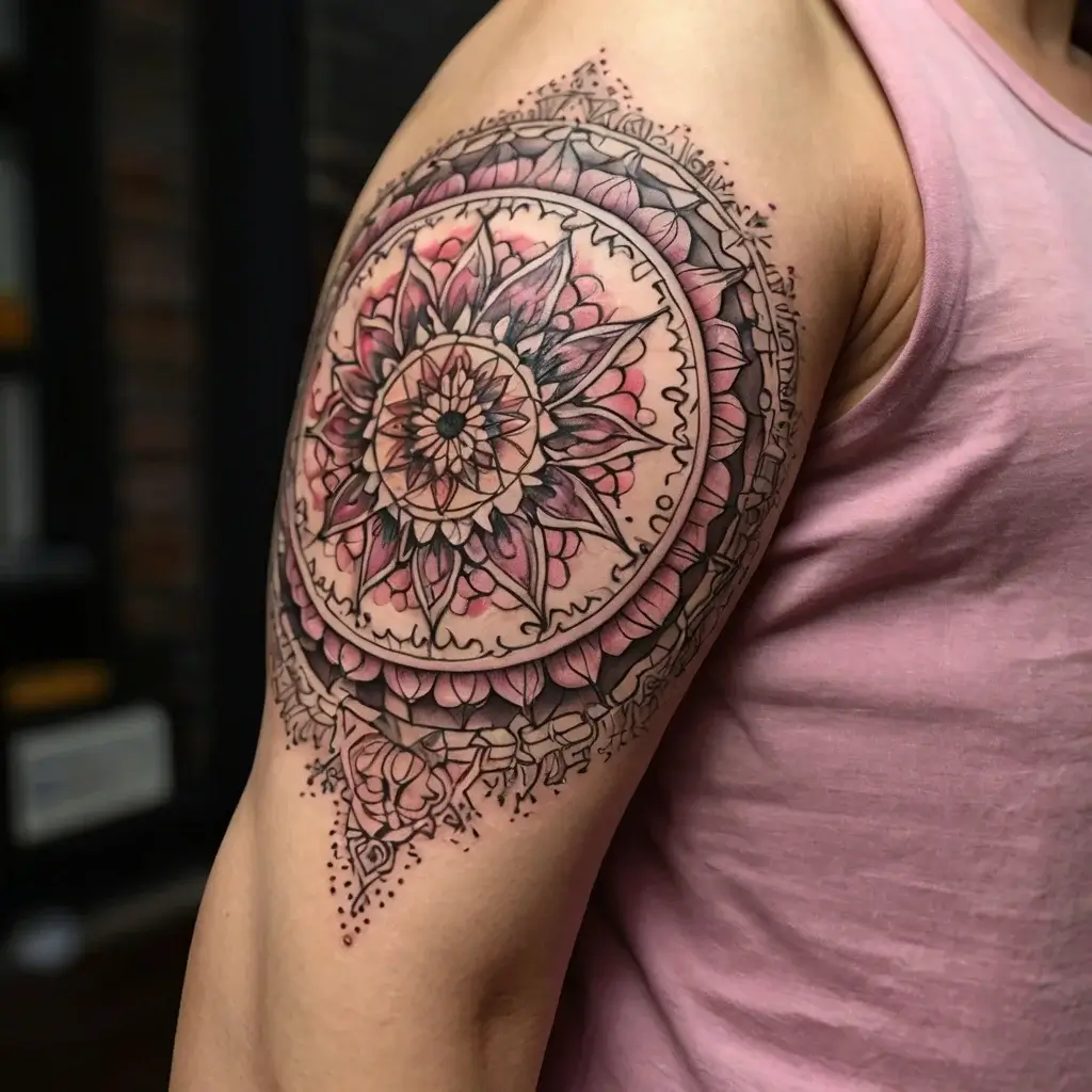 Ornate mandala tattoo on upper arm, featuring intricate floral patterns and geometric details in shades of pink and black.