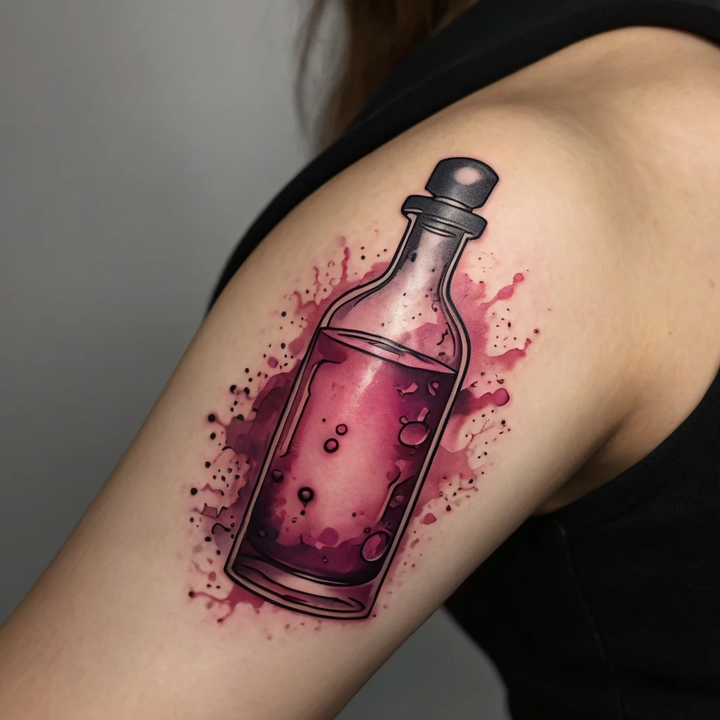 Tattoo of a glass bottle with pink liquid splashes on skin, features bold outlines and shaded accents on the upper arm.