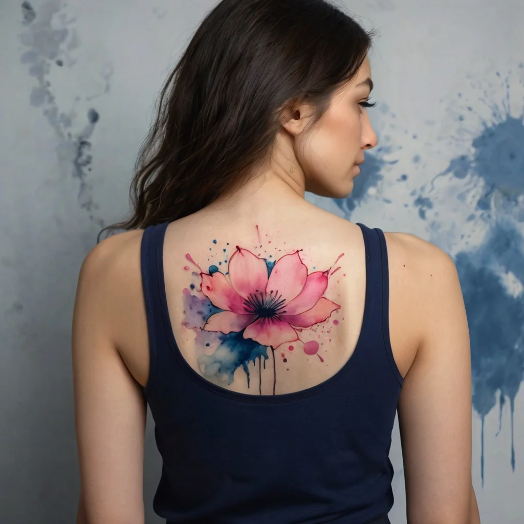 Watercolor-style tattoo of a pink flower with splashes of blue and pink, blending softly on the upper back.