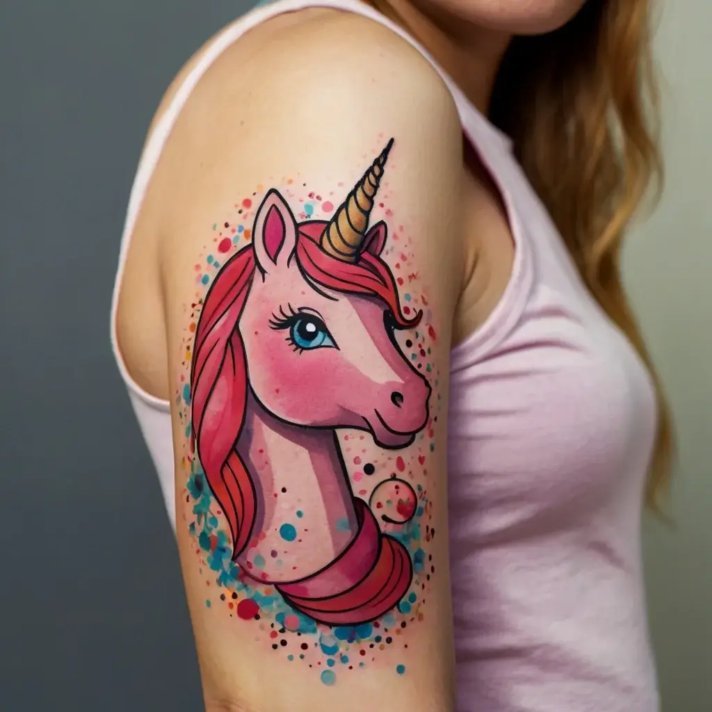 Colorful unicorn tattoo with a pink mane, golden horn, and playful splash background on the upper arm.