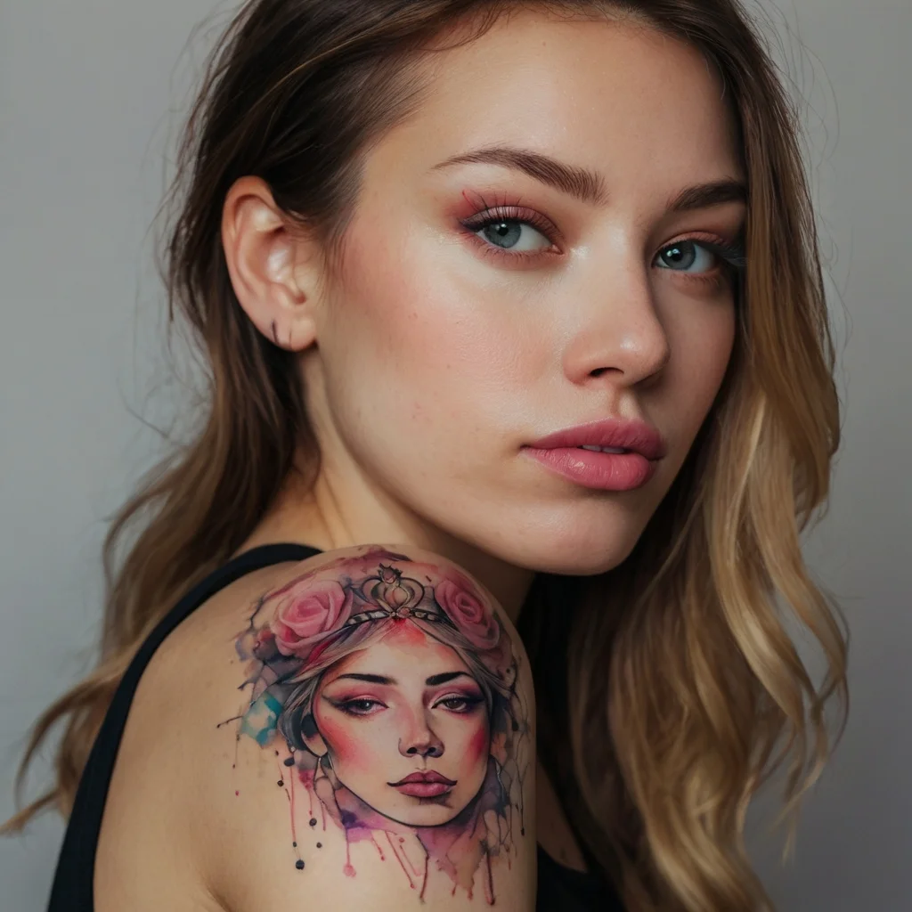 Watercolor tattoo of a woman's face adorned with roses and a jeweled crown on her shoulder, blending vibrant colors smoothly.