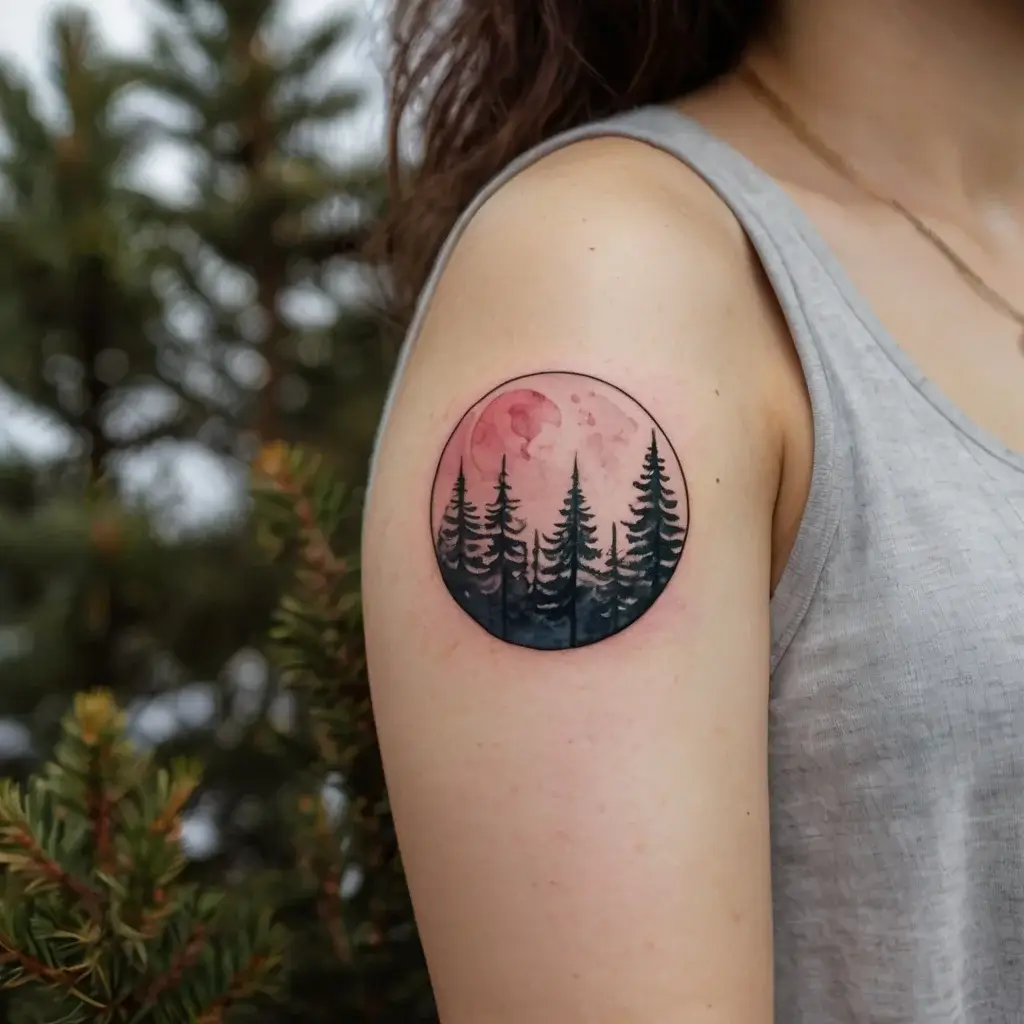 Circle tattoo of a silhouetted pine forest against a pink full moon on the upper arm, blending nature and lunar themes.