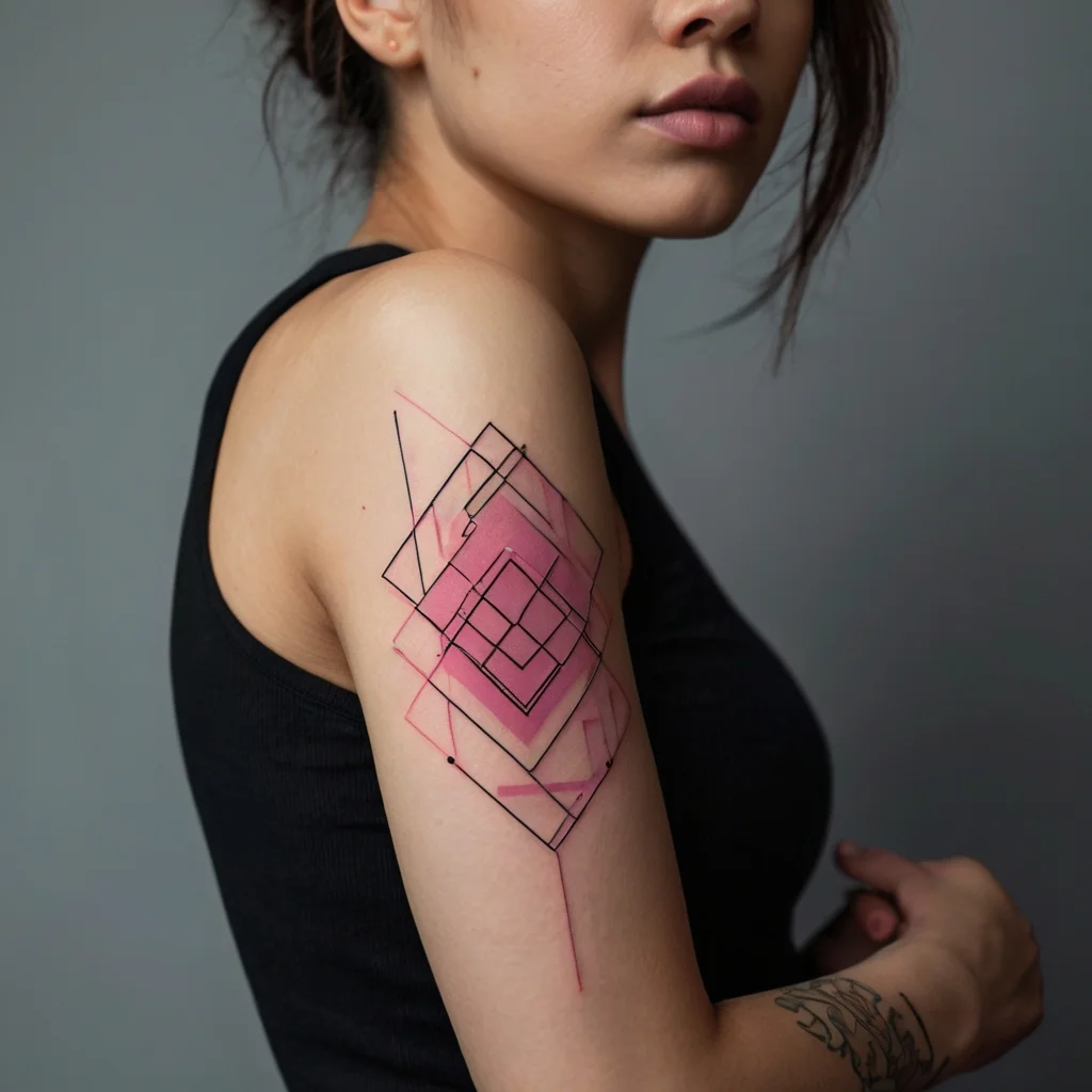 Geometric tattoo with overlapping pink and black squares, creating a 3D illusion on the upper arm.