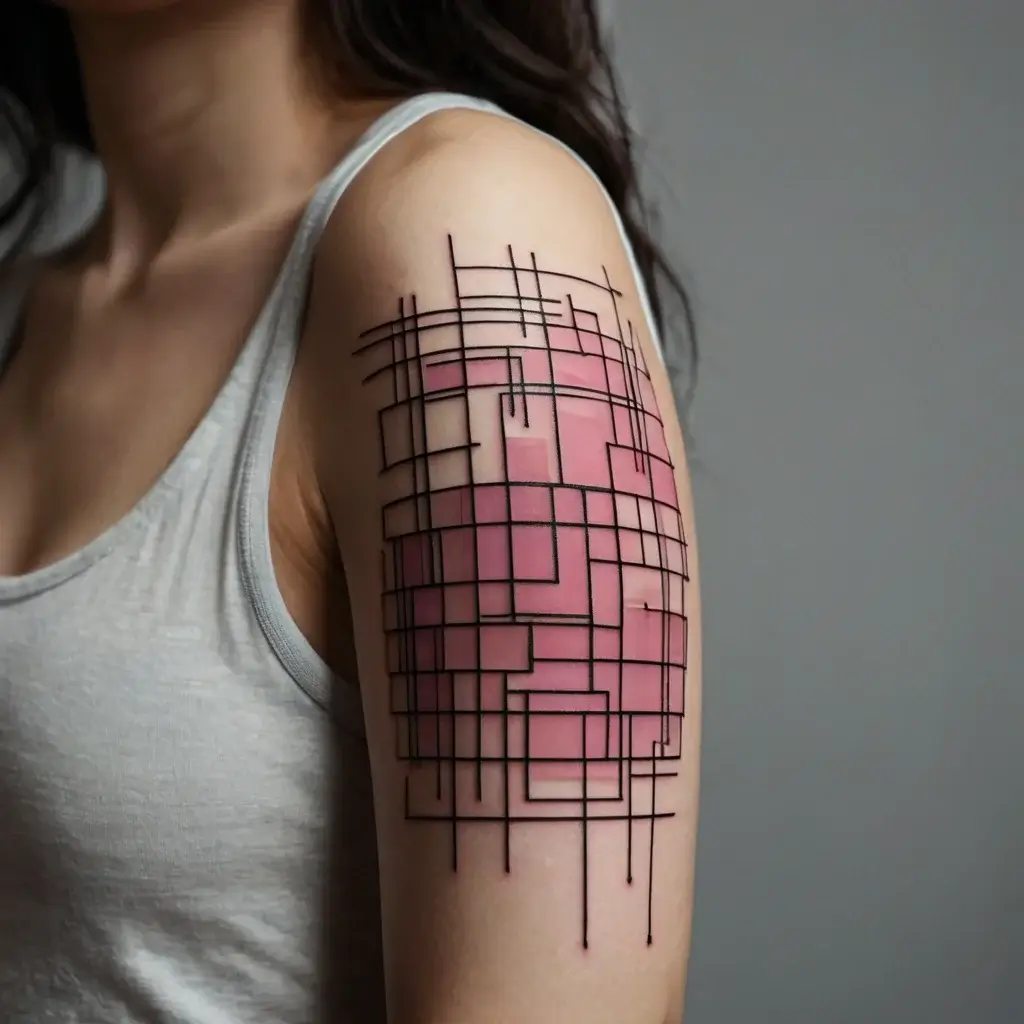 Modern abstract tattoo with intersecting black lines overlaid on pink squares and rectangles, creating a geometric look.