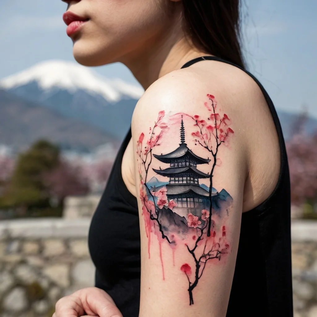 Tattoo of a pagoda with cherry blossoms in watercolor style on the upper arm; blends traditional and modern art.