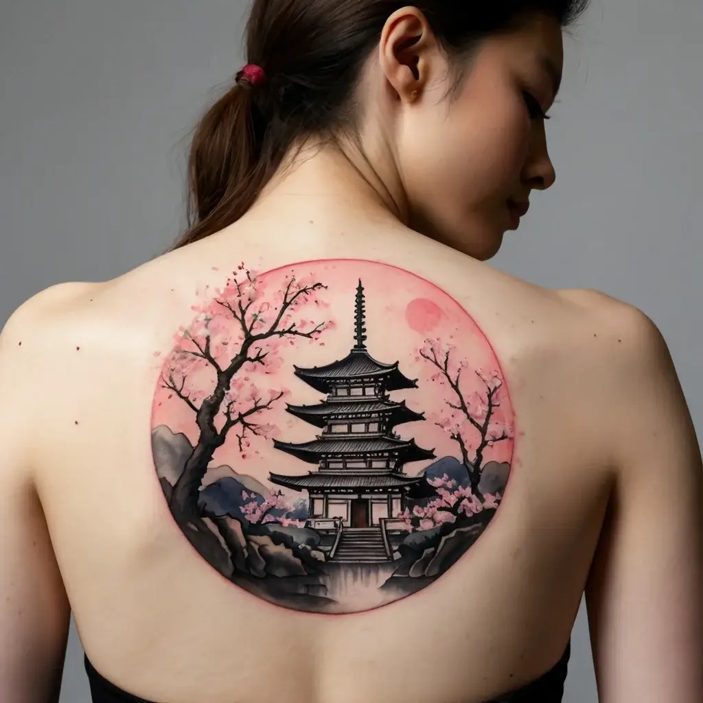 Tattoo of a Japanese pagoda with cherry blossoms and a pink sunset on a person’s back, blending realism and watercolor.