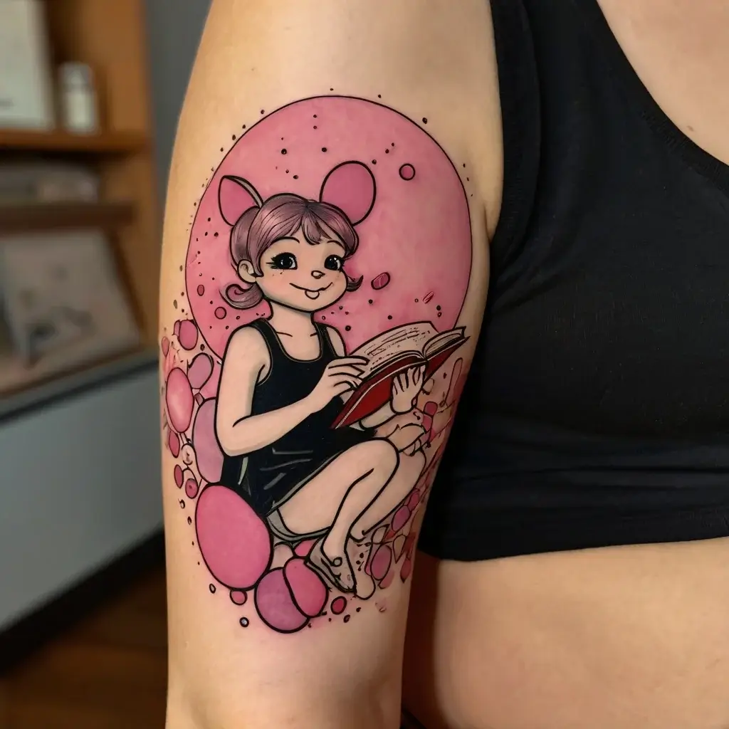 Tattoo of a cute cartoon girl with pink hair and bear ears reading a book, set against pink bubble accents.