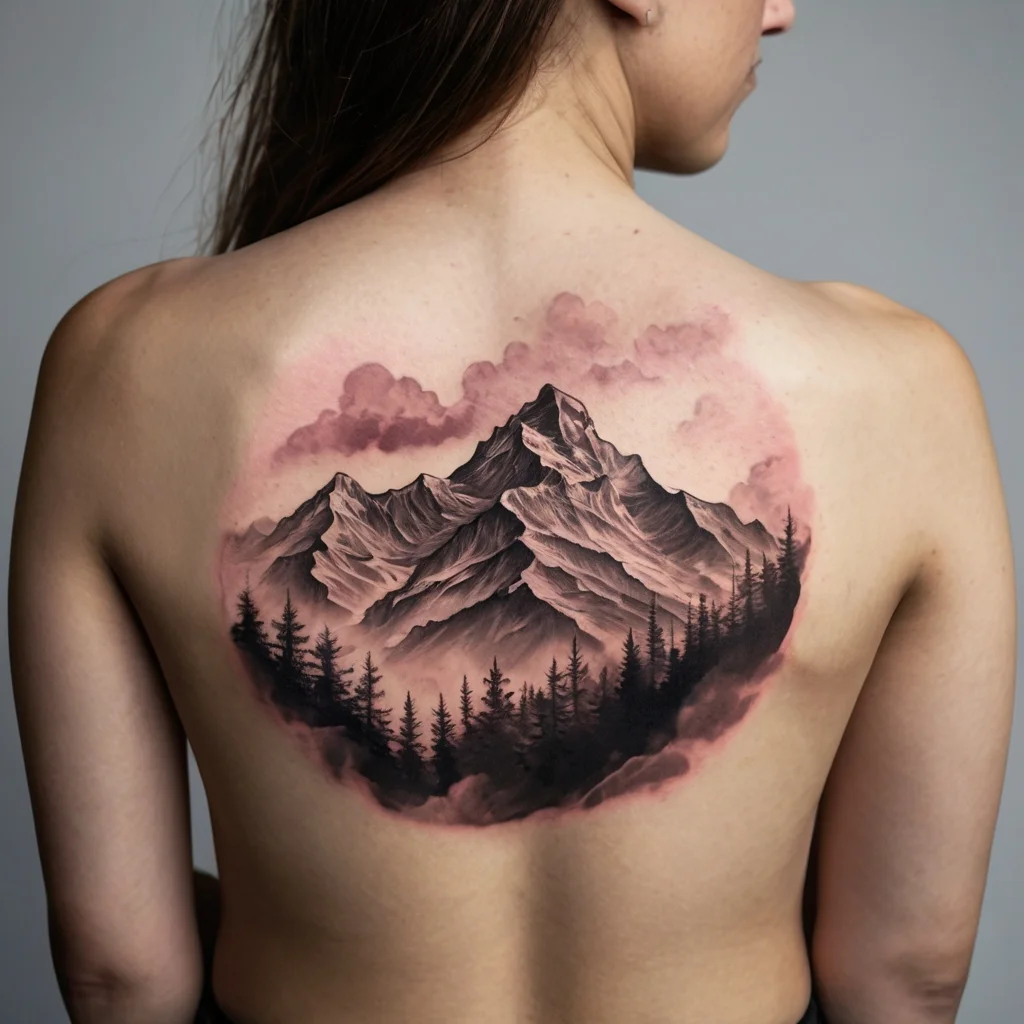 Back tattoo of a detailed mountain landscape with pine trees and pink-hued clouds, creating a serene and majestic scene.