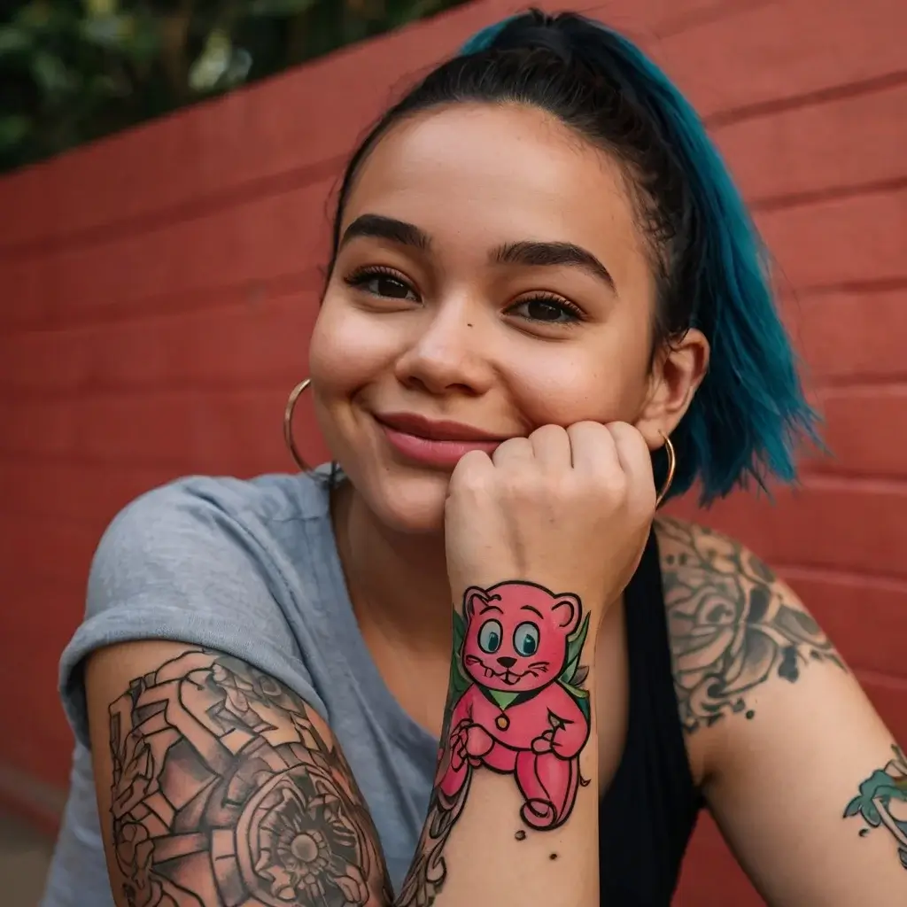 A colorful cartoon pink bear tattoo on the forearm, featuring leaves and a necklace charm, with intricate adjacent designs.