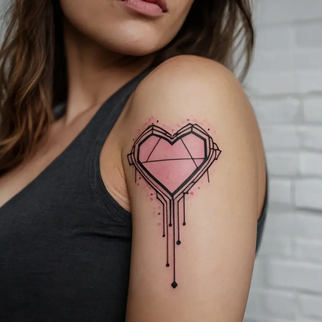 Geometric heart tattoo with black outlines and pink shading, featuring decorative cascading lines and dots below.