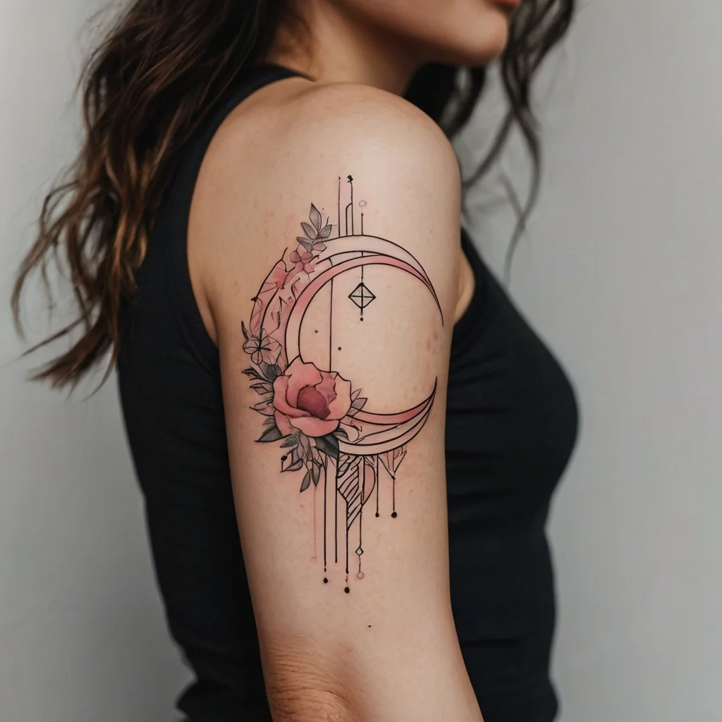 Tattoo of a crescent moon with geometric lines, pink rose, and delicate leaves on the upper arm, blending nature and art.