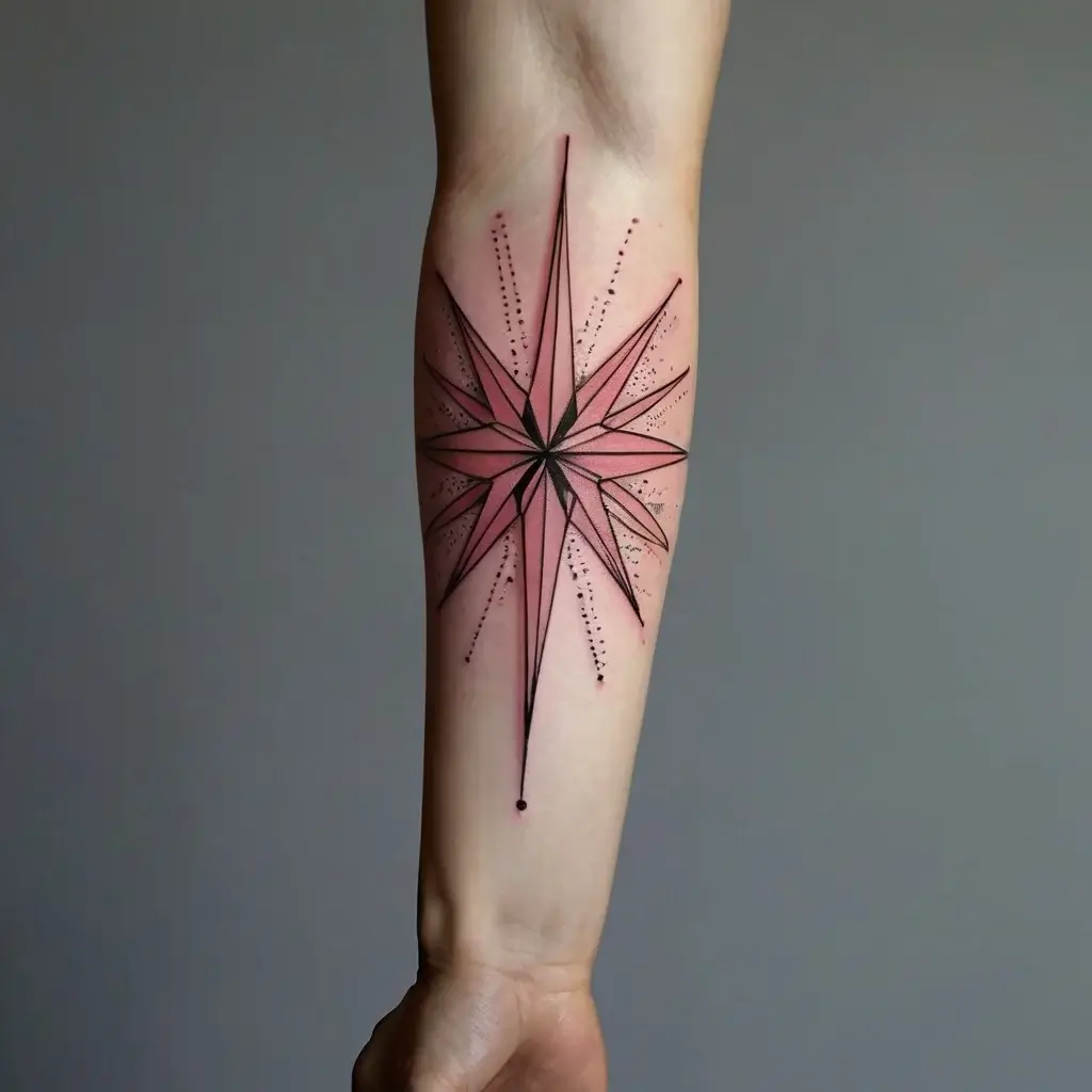 Forearm tattoo featuring a geometric compass star design in black and pink, accentuated with dotwork shading.