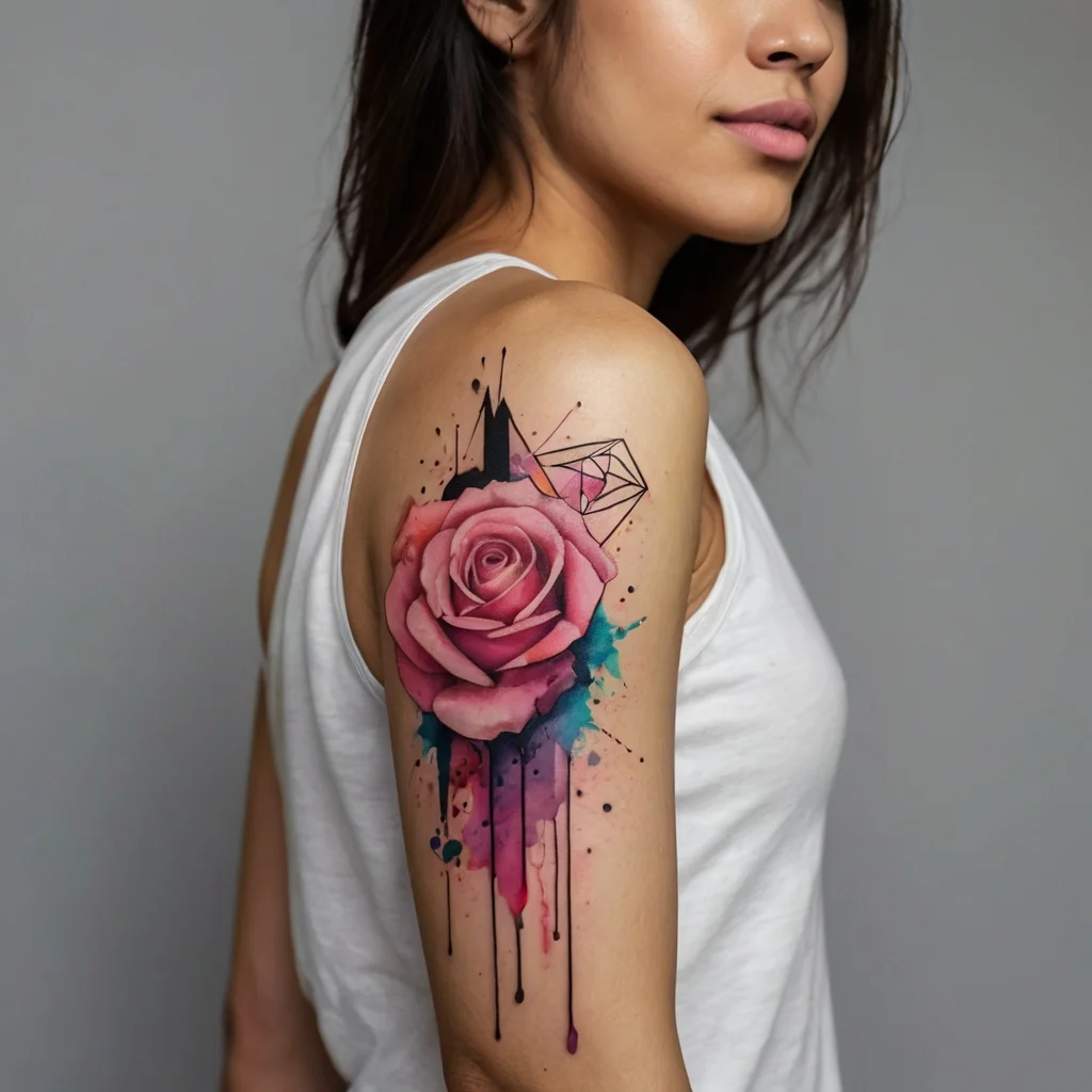 Watercolor tattoo featuring a vibrant pink rose, geometric shapes, and splashes of teal and purple, creating a dynamic design.