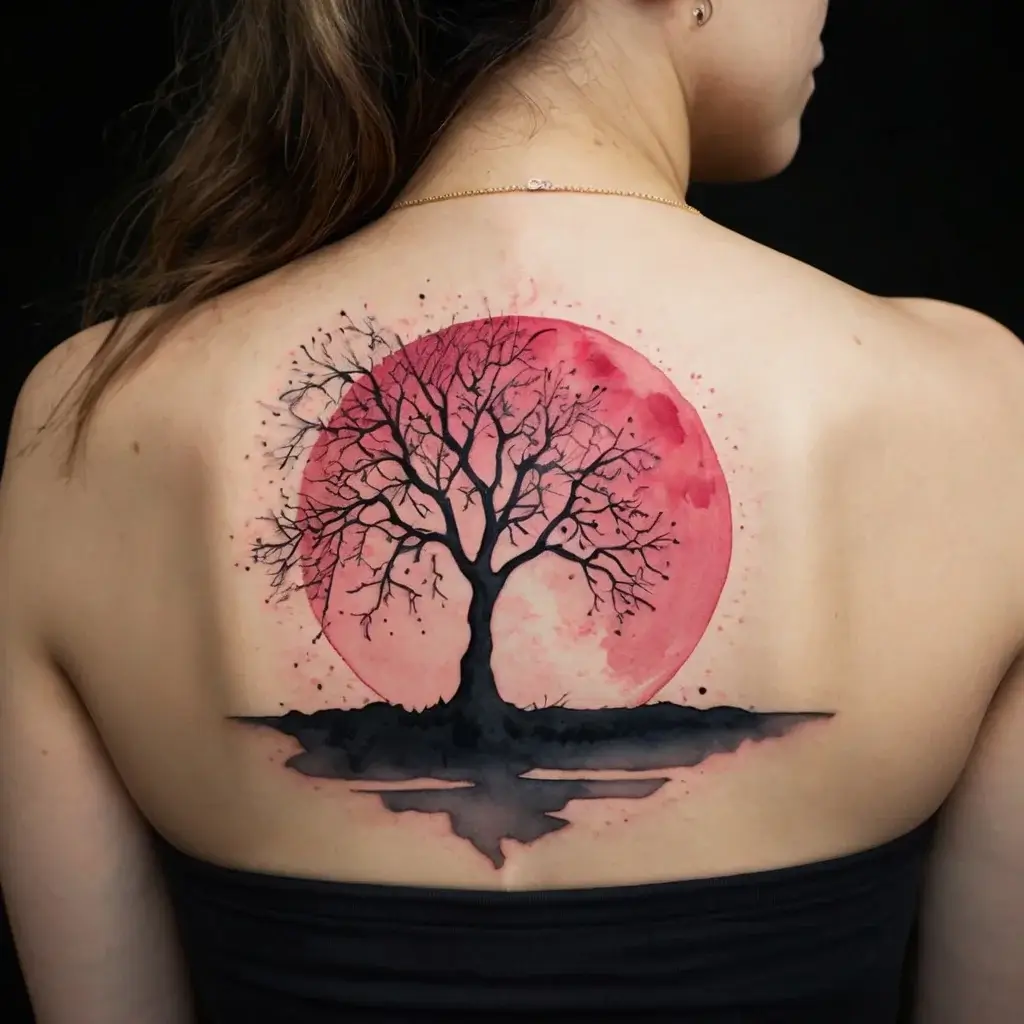 Tattoo of a black tree silhouette against a vivid pink watercolor moon, reflecting below on a foggy ground.