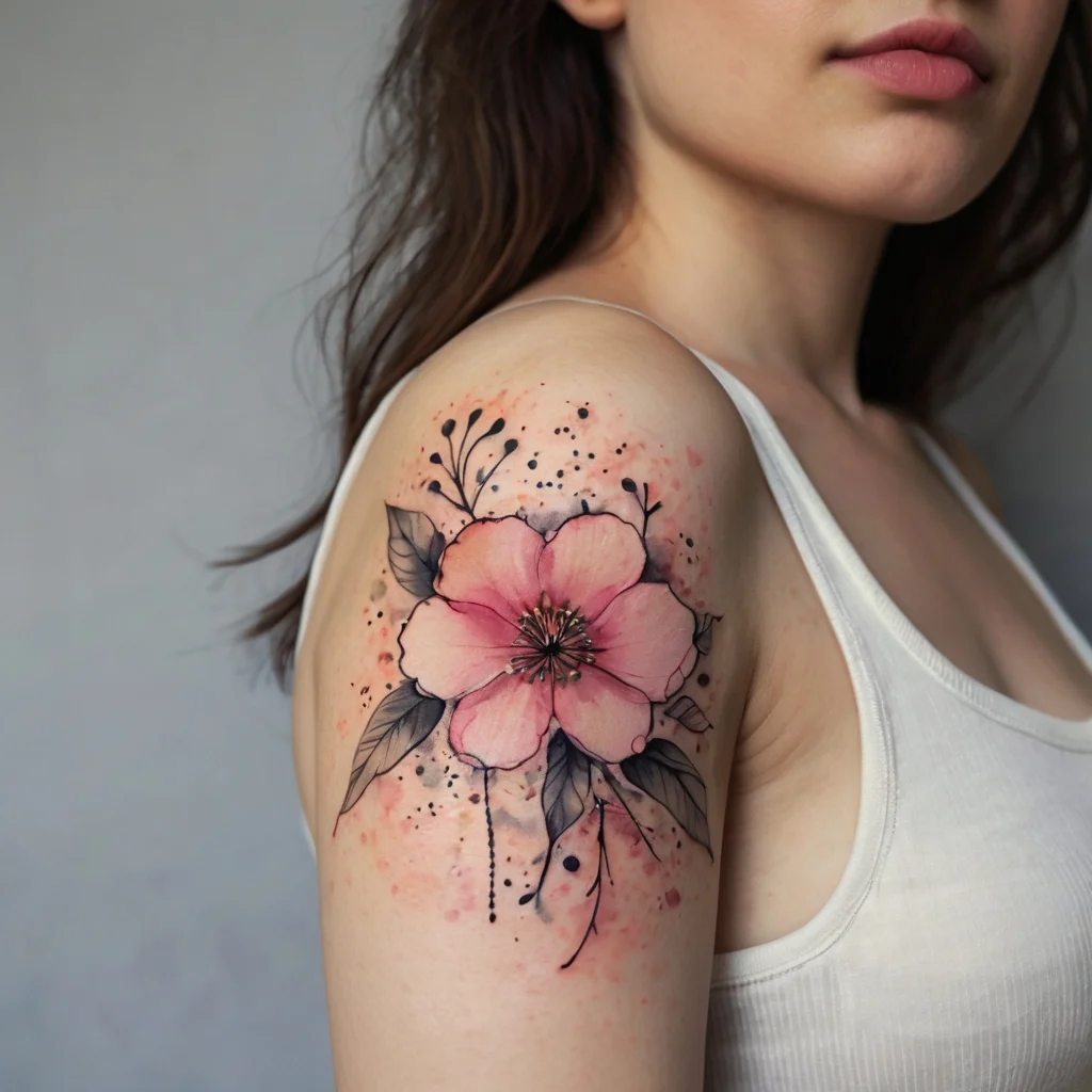 Watercolor-style tattoo of a pink flower with delicate black leaves and splatter details on the upper arm.