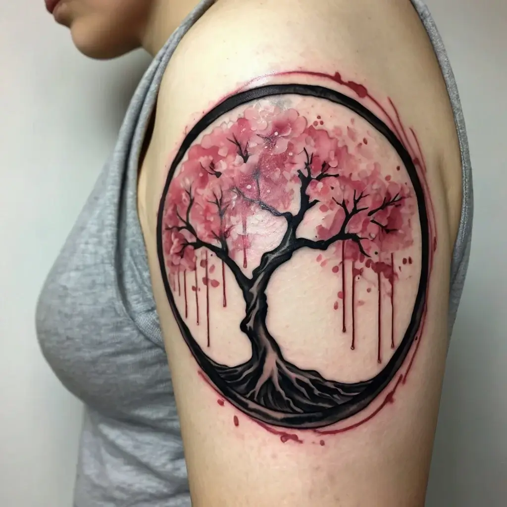 Cherry blossom tree in a circle, watercolor style, with pink blossoms and dark branches on the upper arm.