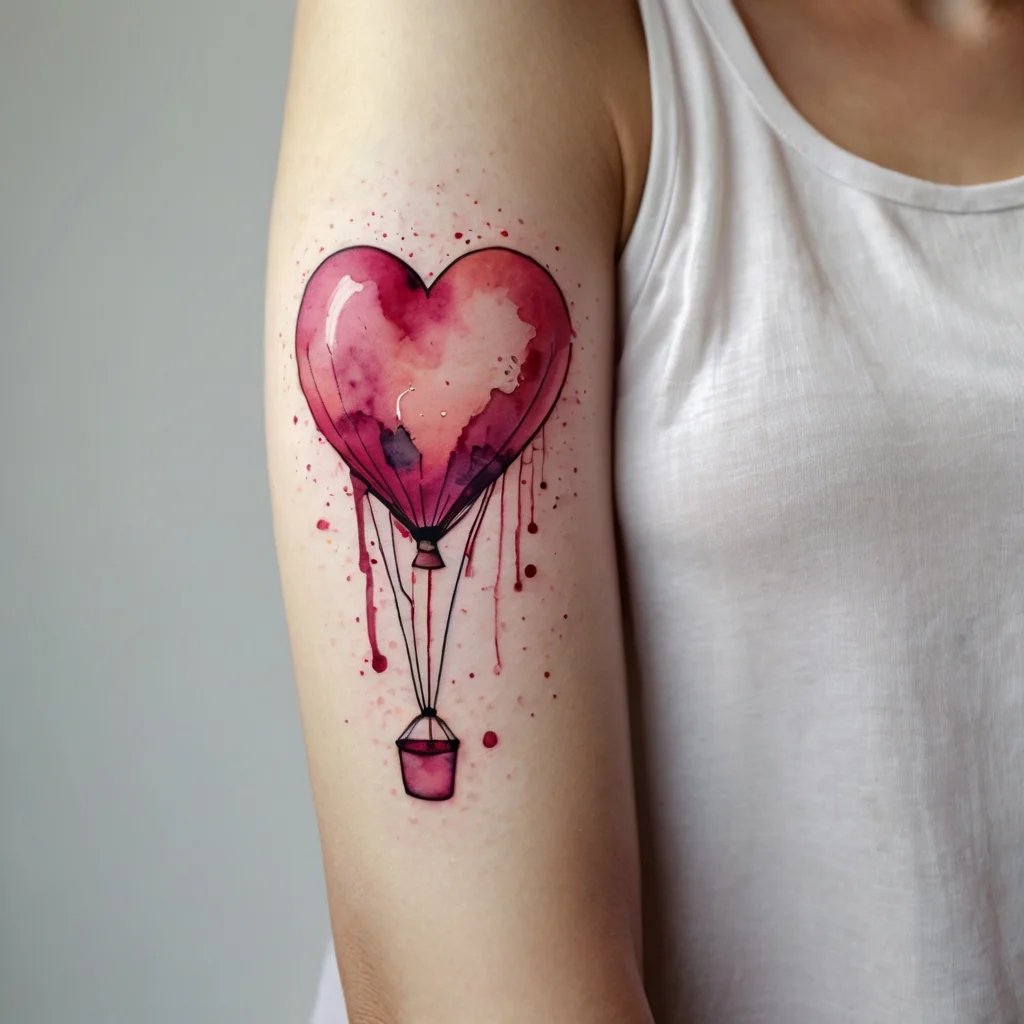 Heart-shaped hot air balloon tattoo with watercolor effect, dripping ink, and soft red and pink hues on upper arm.