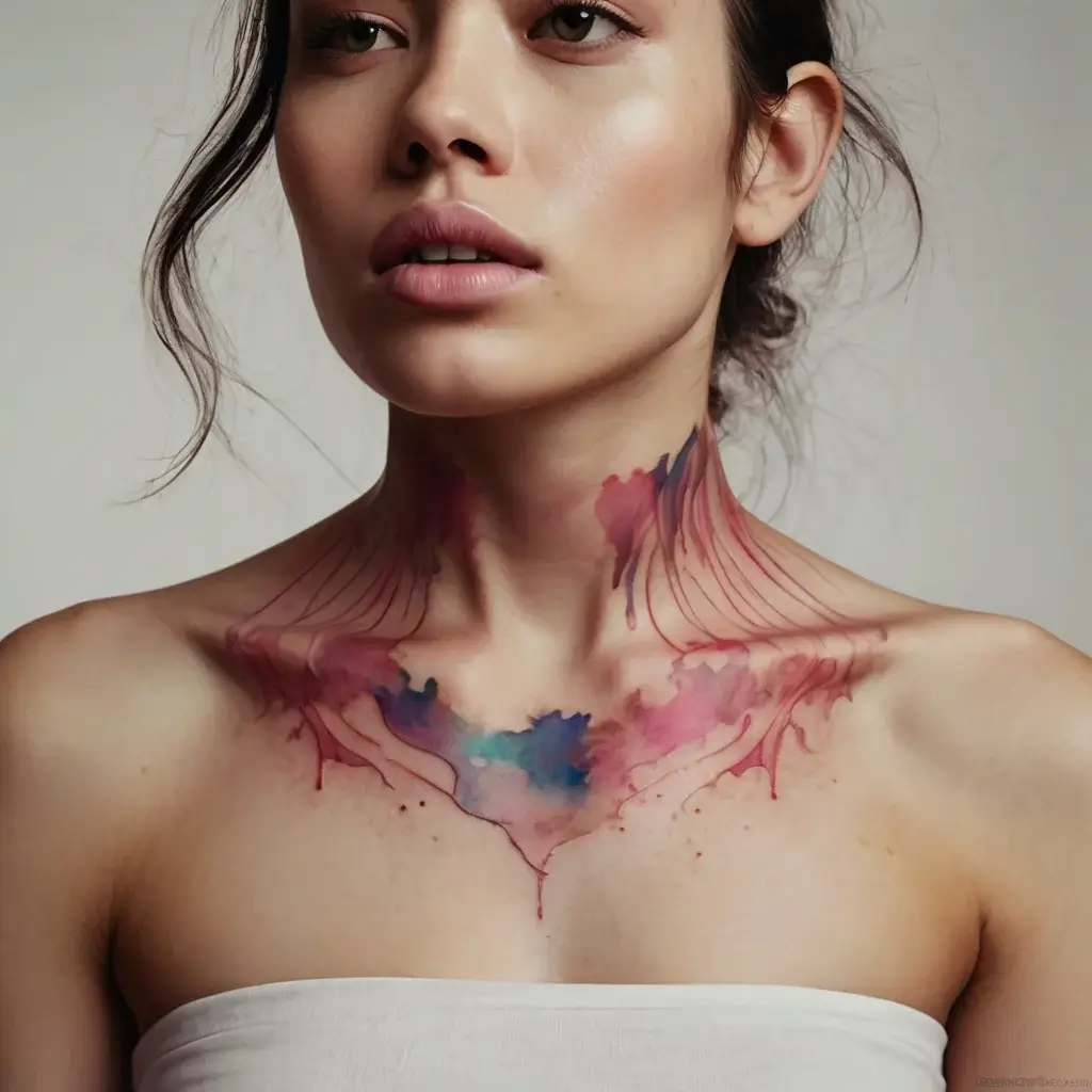 Watercolor neck tattoo with vibrant pink, blue, and purple splashes resembling paint drips and flowing lines.