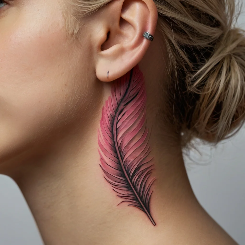 Tattoo of a pink feather with black shading, elegantly placed behind the ear, showcasing intricate details and soft gradients.