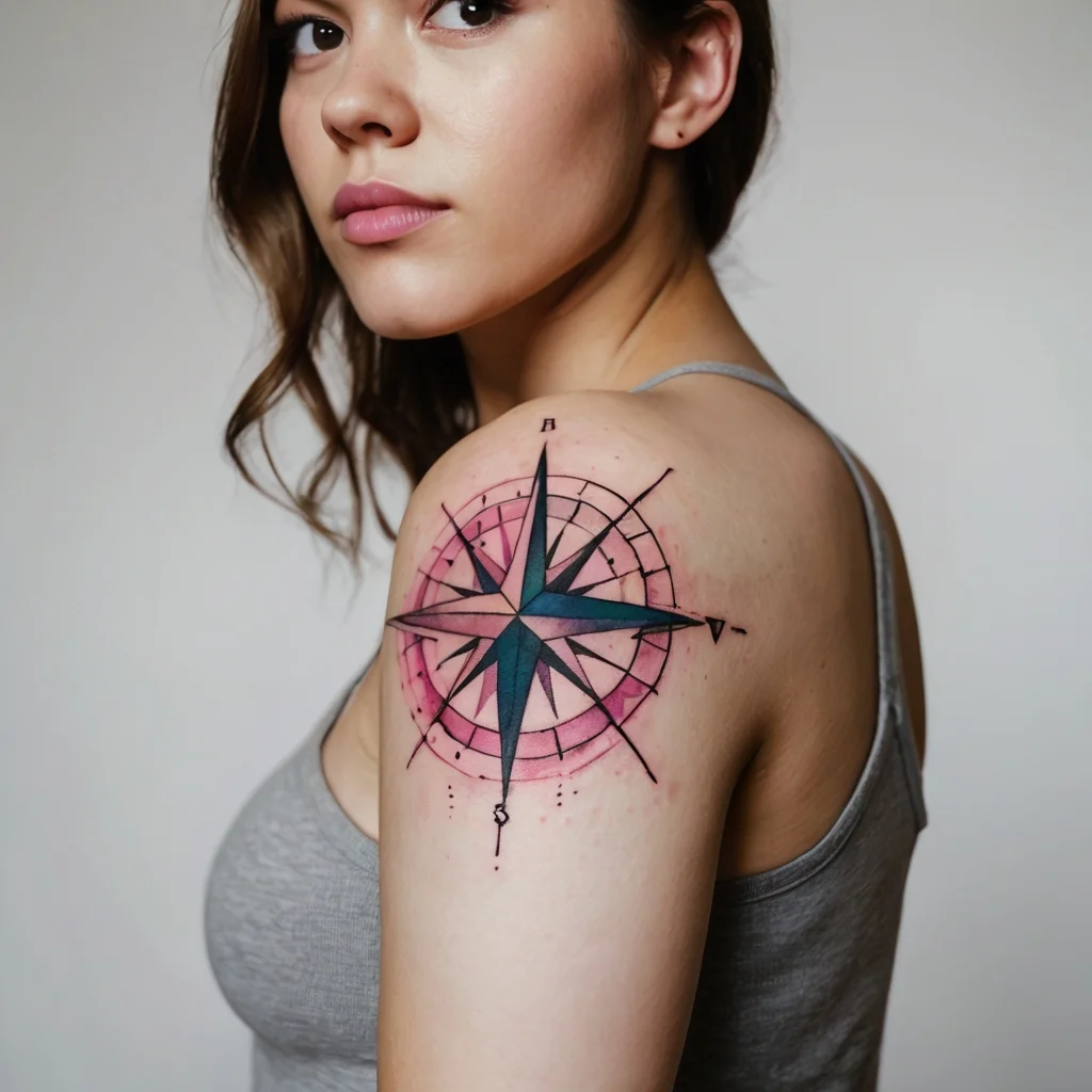 A vibrant compass rose tattoo on the shoulder, featuring bold blue and pink watercolor accents, symbolizing direction and adventure.