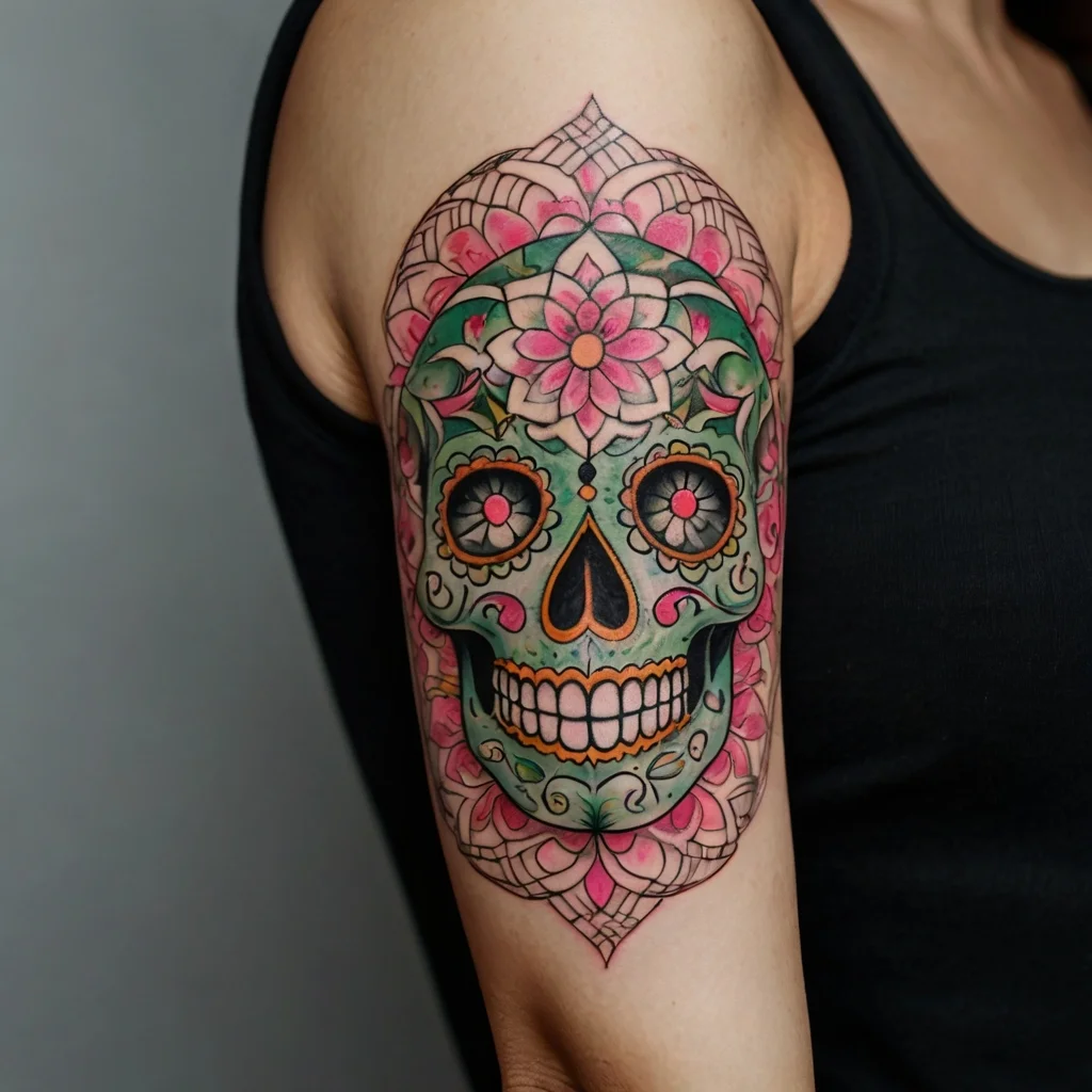 Colorful sugar skull tattoo with floral patterns, vibrant pink and green hues, symbolizing life and death.