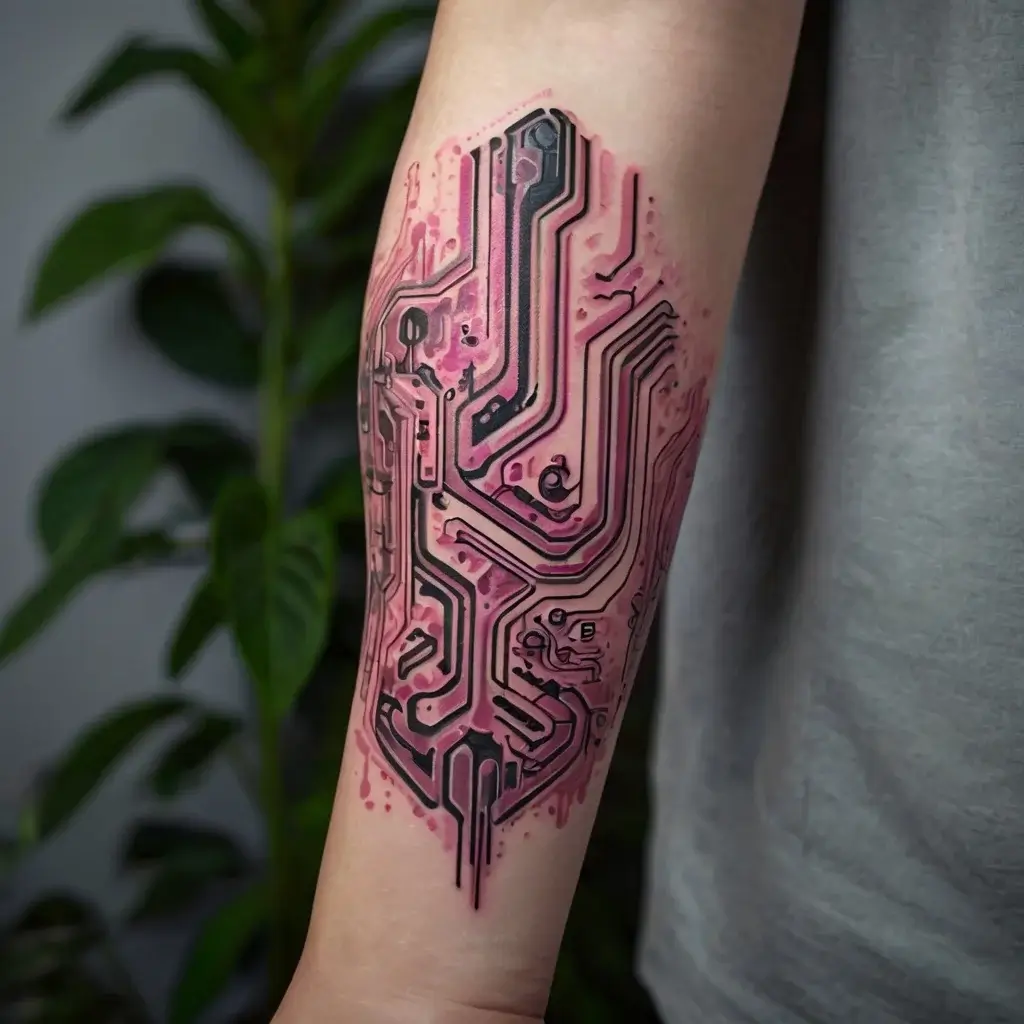 Tattoo of a detailed circuit board design with pink watercolor effect, representing technology and creativity.