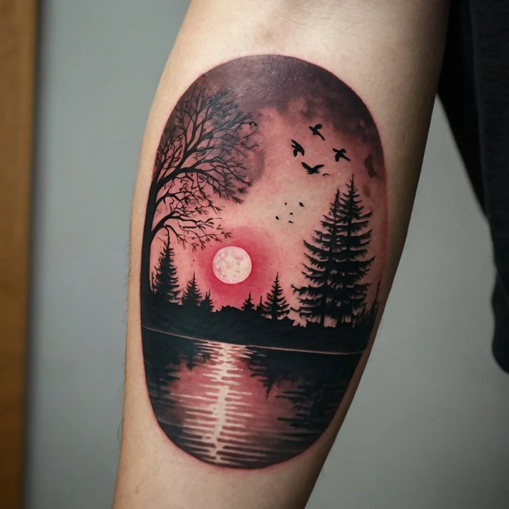 Tattoo of a forest silhouette with birds flying, a pink-red sunset, and reflection on water, creating a serene scene.