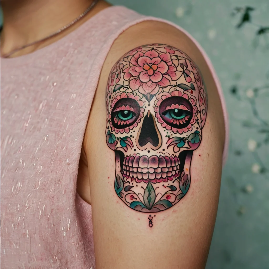 Colorful sugar skull tattoo with pink flowers and teal patterns, symbolizing life and death, on the upper arm.