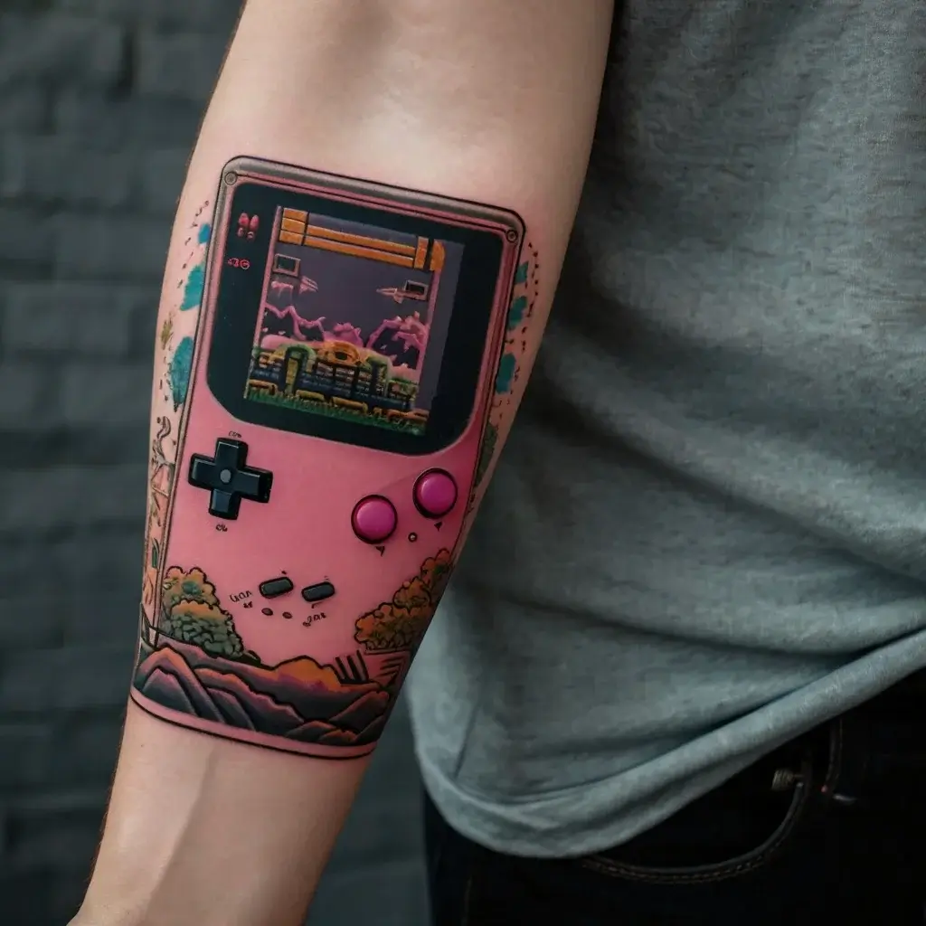 Tattoo of a pink vintage gaming device on forearm, featuring a scenic landscape with mountains and trees on the screen.