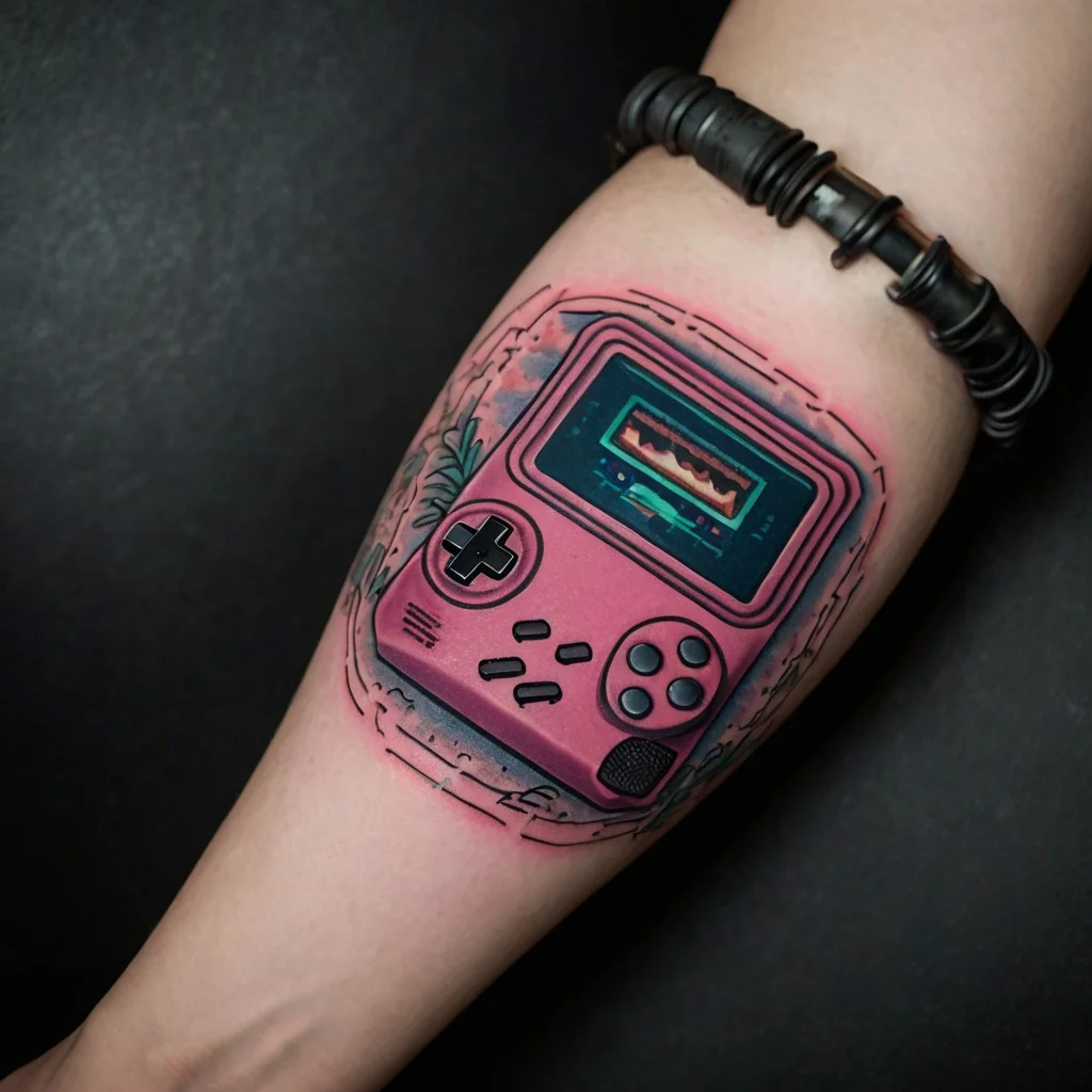 Tattoo of a retro pink handheld gaming console with buttons and screen, accented with a watercolor splash effect.