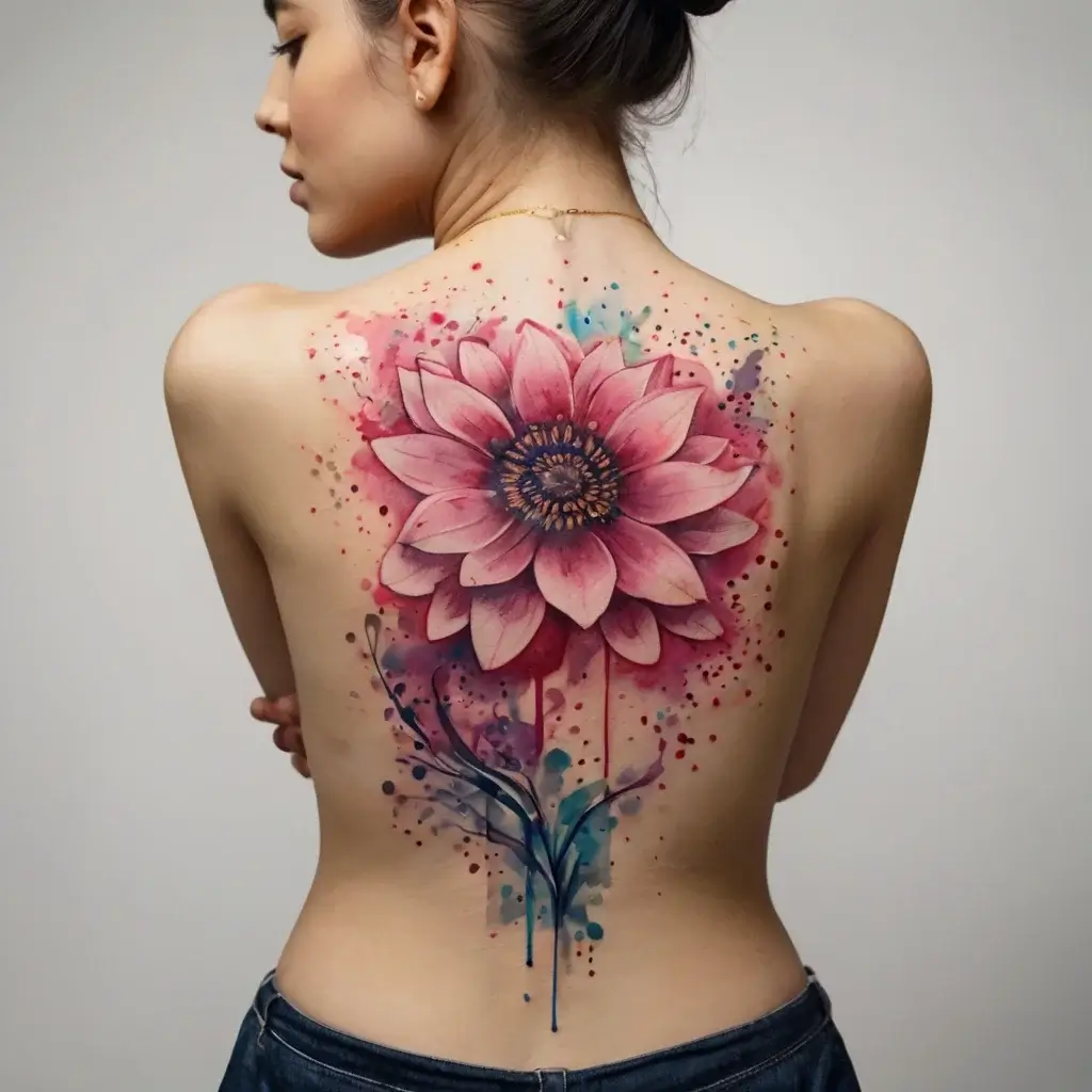 Watercolor-style tattoo of a vibrant pink flower with splashes of blue and red, covering the upper back.