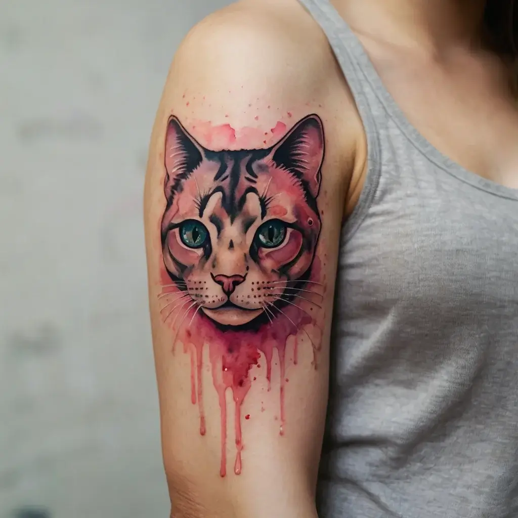 Realistic cat tattoo on upper arm with vibrant eyes, surrounded by pink watercolor effect and subtle drips.