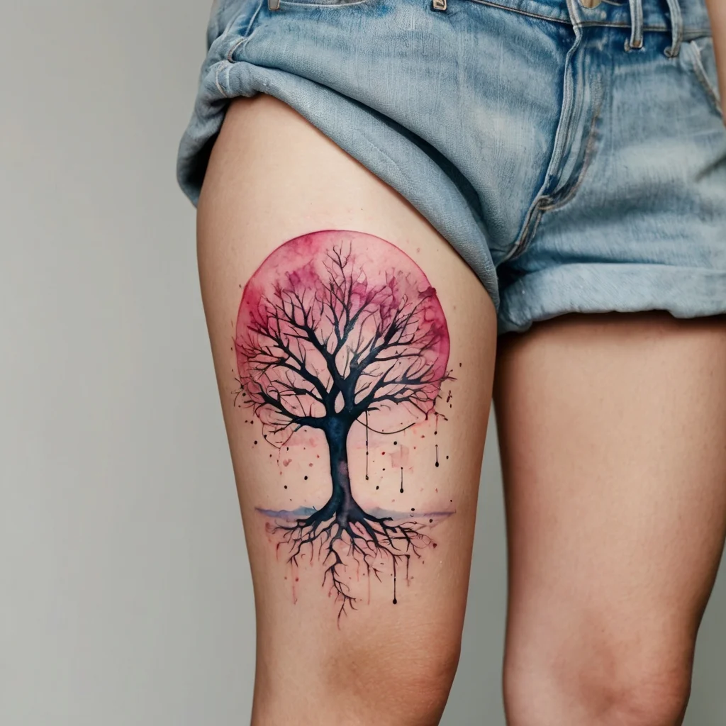 Watercolor tree tattoo with bare branches, black roots, and pink moon on the thigh, blending nature and art.